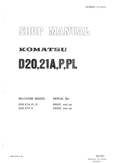 Preview: Komatsu D20, D21A, P, PL Bulldozer Factory Shop Manual (P/N C4085-91017)