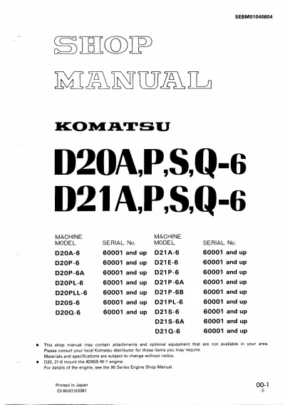 Preview: Komatsu D20A-6, D20P-6, D20P-6A, D20PL-6, D20PLL-6, D20S-6, D20Q-6, D21A-6, D21E-6, D21P-6, D21P-6A, D21P-6B, D21PL-6, D21S-6, D21S-6A, D21Q-6 Shop Manual (P/N SEBM01040604)