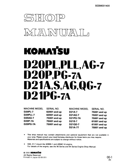 Preview: Komatsu D20PL-7, D20PLL-7, D20AG-7, D20P-7A, D20PG-7A, D21A-7, D21AG-7, D21PG-7A, D21S-7, D21QG-7, D21A-7T Bulldozer Shop Manual (P/N SEBM001408)