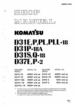Komatsu D31E-18, D31P-18, D31P-18A, D31PL-18, D31PLL-18, D31S-18, D31Q-18, D37E-2, D37P-2 bulldozer manual Preview image 1
