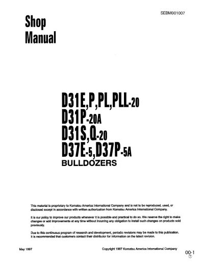Preview: Komatsu D31E-20, D31P-20, D31PL-20, D31PLL-20, D31P-20A, D31S-20, D31Q-20, D37E-5, D37P-5A Shop Manual (P/N SEBM001007)