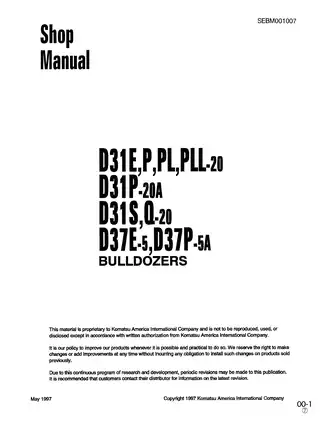 Komatsu D31E-20, D31P-20, D31PL-20, D31PLL-20, D31P-20A, D31S-20, D31Q-20, D37E-5, D37P-5A bulldozer manual Preview image 1