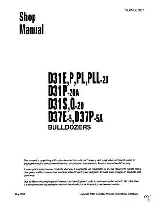 Komatsu D31E-20, D31P-20, D31PL-20, D31PLL-20, D31P-20A, D31S-20, D31Q-20, D37E-5, D37P-5A bulldozer shop manual