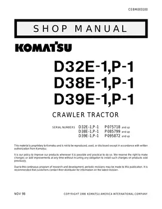 Komatsu D32E-1, D32P-1, D38E-1, D38P-1, D39E-1, D39P-1 crawler tractor shop manual