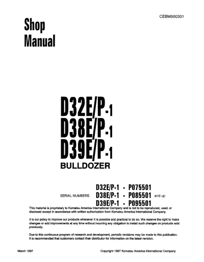 Preview: Komatsu D32E-1, D32P-1, D38E-1, D38P-1, D39E-1, D39P-1 Bulldozer Shop Manual (P/N CEBM000301)