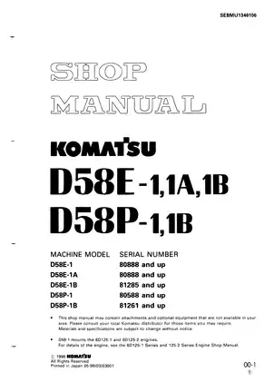 Komatsu Dozer D58E & D58P Series Service Manual (Models D58E-1, D58E-1A, D58E-1B, D58P-1, D58P-1B)