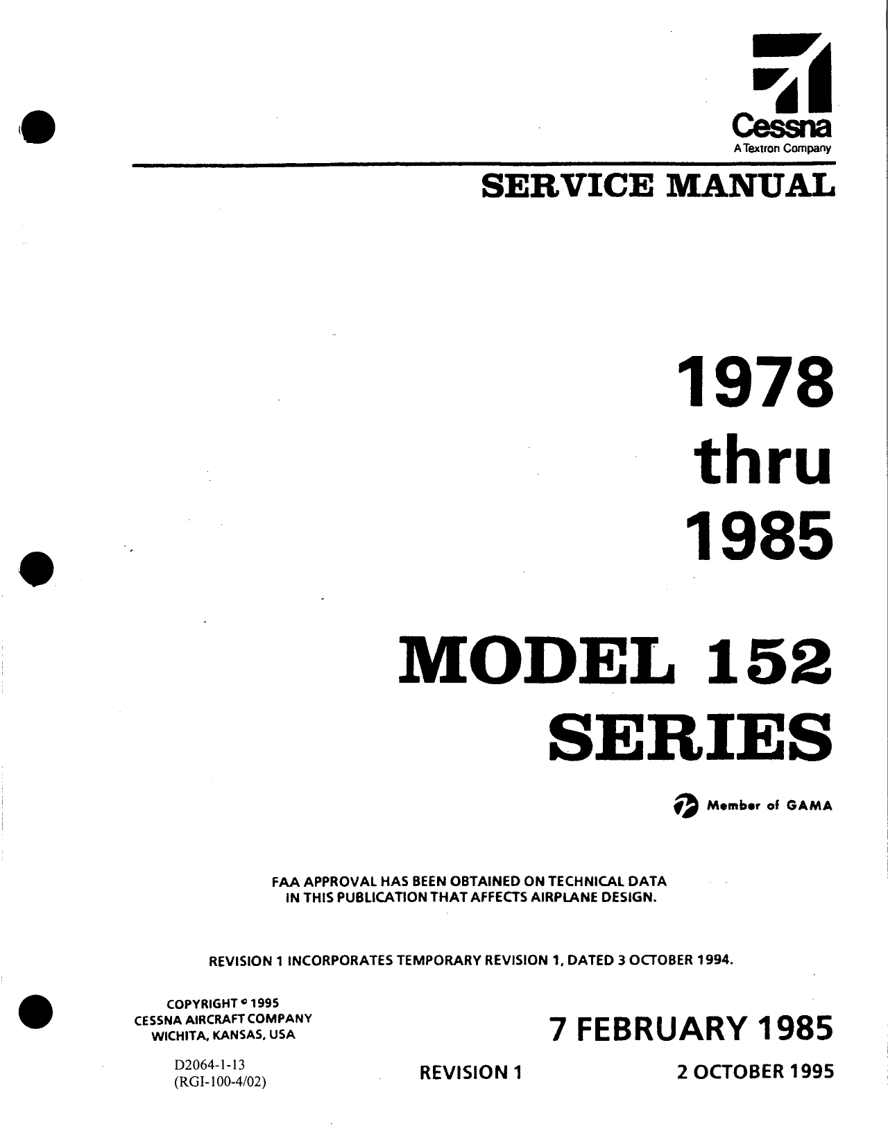 1978-1985 Cessna 152 series aircraft service manual Preview image 1
