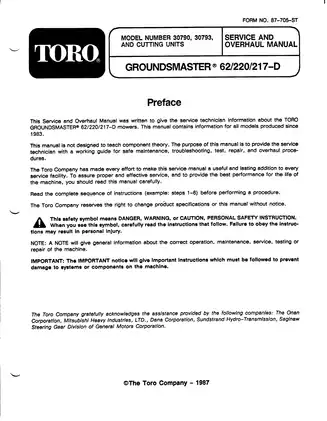 Toro Groundsmaster 62/220/217-D Service & Overhaul Manual (1983-Present)