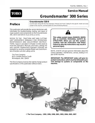 Toro Groundsmaster 300 series, 345, 322-D, 325-D mower service manual Preview image 1