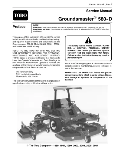 Preview: Toro Groundsmaster 580-D Rotary Mower Service Manual (P/N 90743SL)