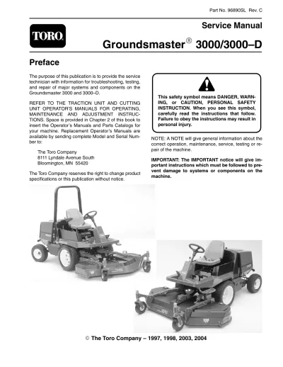 Preview: Toro Groundsmaster 3000/3000-D Service & Repair Manual (P/N 96890SL)