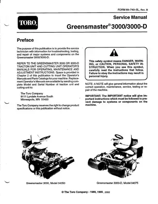 Toro Greensmaster 3000, 3000-D mower manual Preview image 1