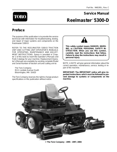 Preview: 1995–2004 Toro Reelmaster 5300-D / 53800-D Service Manual (PN 94819SL, Rev. C)