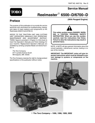 Toro Reelmaster 6500-D/6700-D Service Manual with Peugeot Engine