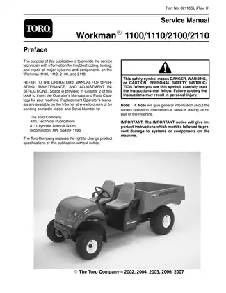 Toro Workman 1100, 1110, 2100, 2110 service manual Preview image 1