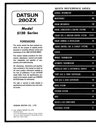 1982 Nissan Datsun 280ZX, S130 series shop manual Preview image 1