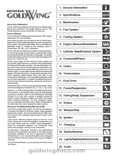 Preview: 1994 Honda GL1500 Gold Wing Aspencade SE Interstate Factory Service Manual (P/N 61MAF00)