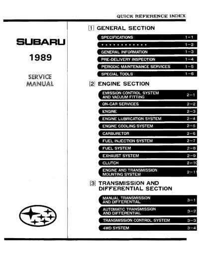 1989 Subaru Leone, DL, GL, Loyale, RX & Isuzu Geminett II Factory Service Manual – preview page 1