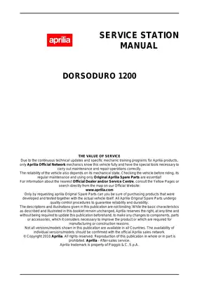 Aprilia Dorsoduro 1200 Service Station Manual - Comprehensive Maintenance & Repair Guide Preview image 2