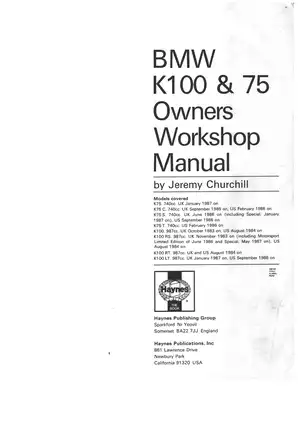 BMW K100 & K75 Owners Workshop Manual - Comprehensive Guide to Maintenance and Repair