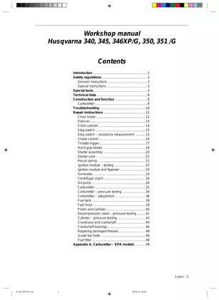 Husqvarna Chainsaw Workshop Manual: Models 340, 345, 346XP/G, 350, 351 Preview image 2