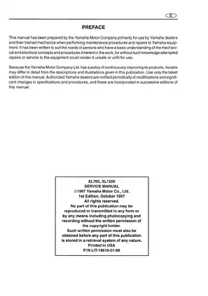 Yamaha WaveRunner XL760 & XL1200 Service Manual (1997 Edition) Preview image 2