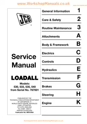 JCB Loadall 530, 533, 535, 540, 530FS Plus 540FS Plus 530FS Super;540FS Super, 9803 telescopic handler manual Preview image 1