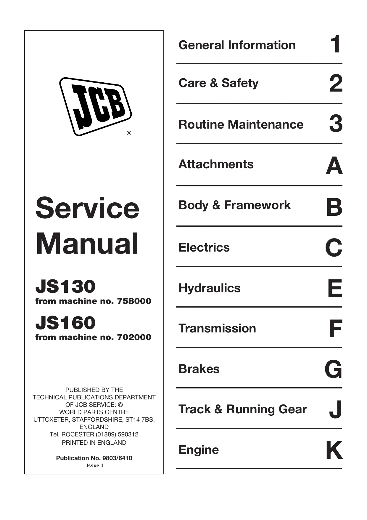 JCB JS130, JS160 tracked excavator manual
