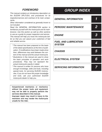 Preview: 2003–2009 Suzuki DR-Z125/LK4, LK5, LK6, LK7, LK8, LK9 Service & Repair Manual (OEM)