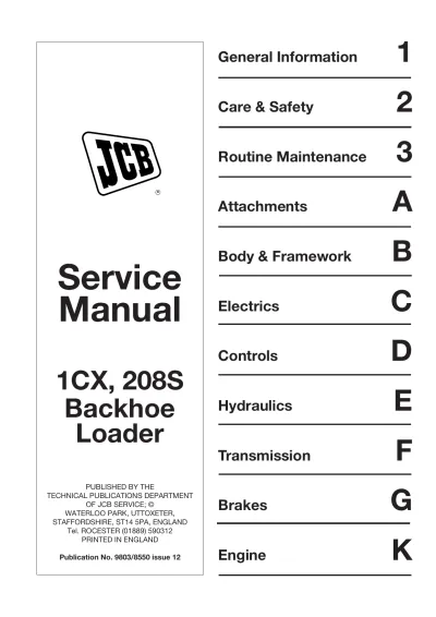 Preview: JCB 1CX, 208S Backhoe Loader Service Manual (P/N 9803/8550)