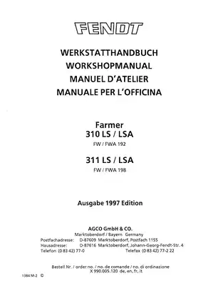 Fendt Workshop Manual for Models 310 LS/LSA and FW/FWA (1997 Edition)