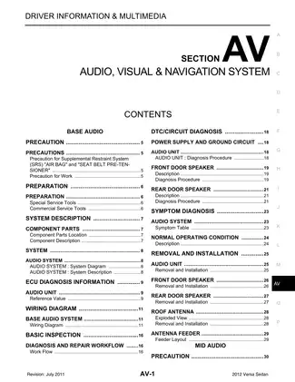 2012-2013 Nissan Versa Sedan Audio, Visual & Navigation System manual