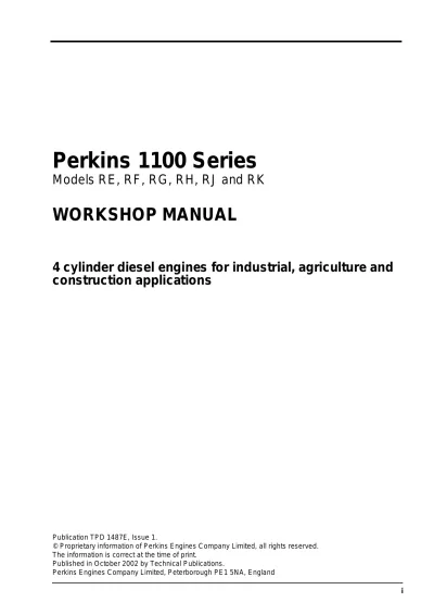Preview: Perkins 1100 Series 4 Cylinder Diesel Engines RE, RF, RG, RH, RJ, RK Workshop Manual 2002 (TPD 1487E)