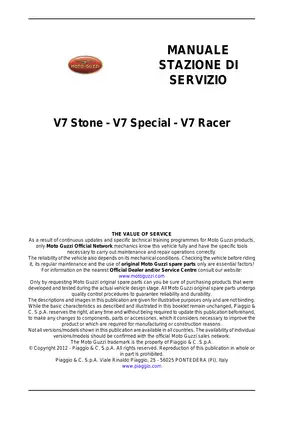 Moto Guzzi V7 Service Manual - V7 Stone, V7 Special & V7 Racer (2012) Preview image 2