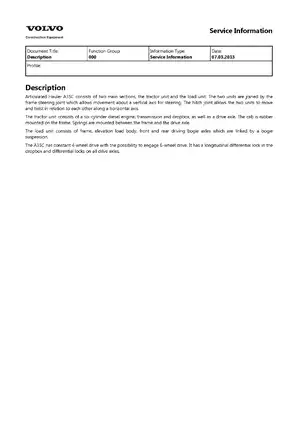 VOLVO A35C Articulated Hauler Service Manual & Guide