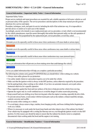 2014 Kia Sorento 2.4 GDI Digital Service Manual