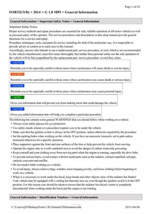 2014 Kia Forte 1.8 MPI Service Manual and Repair Guide