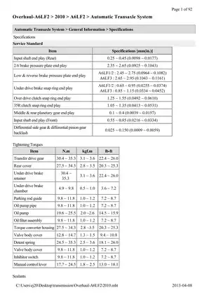 Comprehensive Overhaul Manual for A6LF2 Automatic Transaxle System (2010)