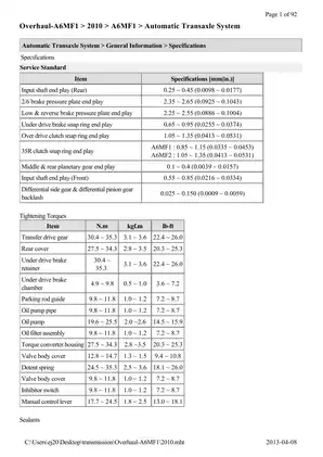Comprehensive 2010 A6MF1 Automatic Transaxle System Overhaul Manual