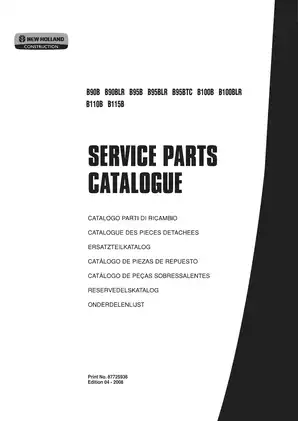 New Holland B90B, B90BLR, B95B, B95BLR, B95BTC, B100B, B100BLR, B110B, B115B backhoe loader tractor service parts catalog Preview image 1