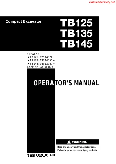 Preview: 2004 Takeuchi TB125 TB135 TB145 Operator's Manual (P/N AG4E028)