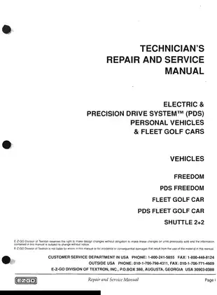 E-Z-GO Electric & Precision Drive System (PDS) Service Manual for Golf Cars