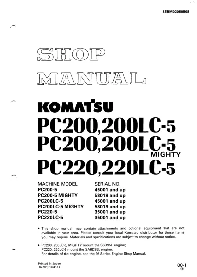 Preview: 1992 Komatsu PC200-5, PC200-5 MIGHTY, PC200LC-5, PC200LC-5 MIGHTY, PC220-5 & PC220LC-5 Excavator Shop Manual (P/N SEBM02050508)