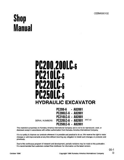 Preview: 1996 Komatsu PC200-6/PC200LC-6/PC210LC-6/PC220LC-6/PC250LC-6 Hydraulic Excavator Shop Manual (P/N CEBM000102, OEM)