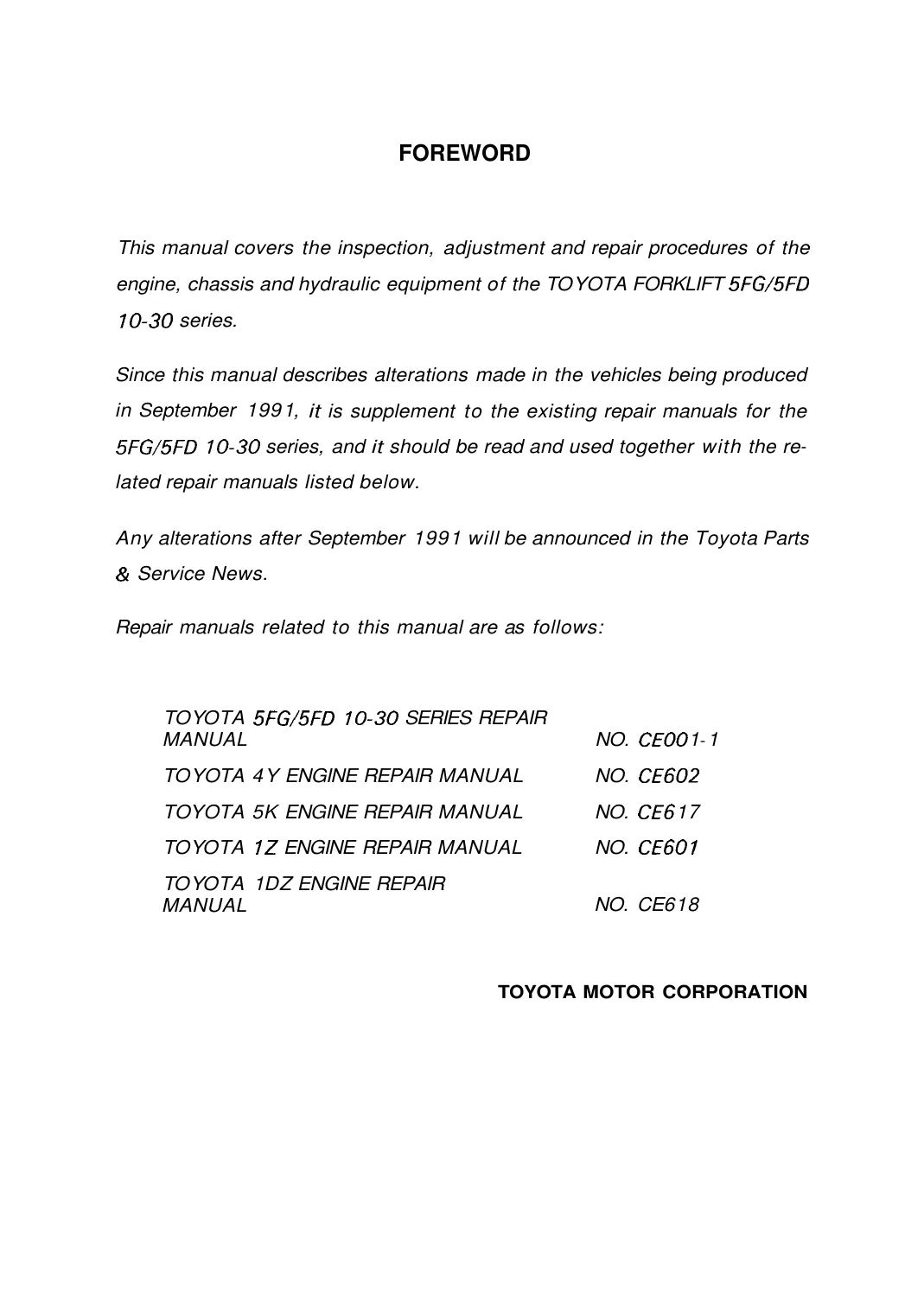 Toyota 5FG10-30 , 5FD10-30 Forklift service manual