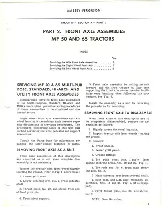 Massey Ferguson MF 50 & 65 Tractors Front Axle Assembly Manual and Service Guide