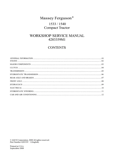 Preview: Massey Ferguson 1533 / 1540 Tractor Workshop Service Manual (P/N 4283359M1)