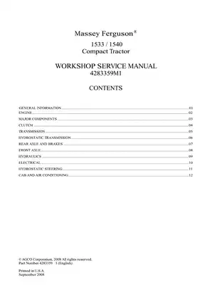 Massey Ferguson® 1533 / 1540 Front Axle Workshop Service Manual