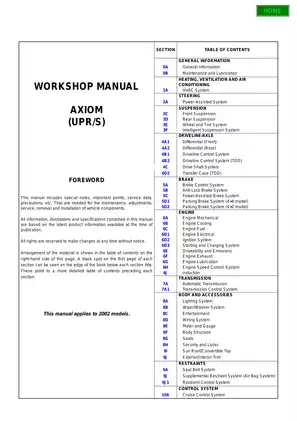 2002 Isuzu Axiom UPR/S SUV workshop manual Preview image 1
