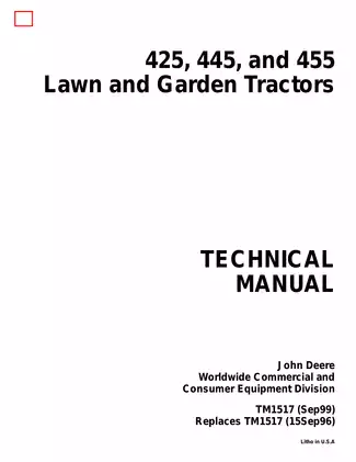 John Deere 425, 445, and 455 Lawn and Garden Tractor Technical Manual (Diesel Engine)